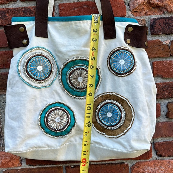 Mare Sole Amore Large Boho Embroidered / Beaded Canvas Leather Shoulder Bag - Picture 13 of 13
